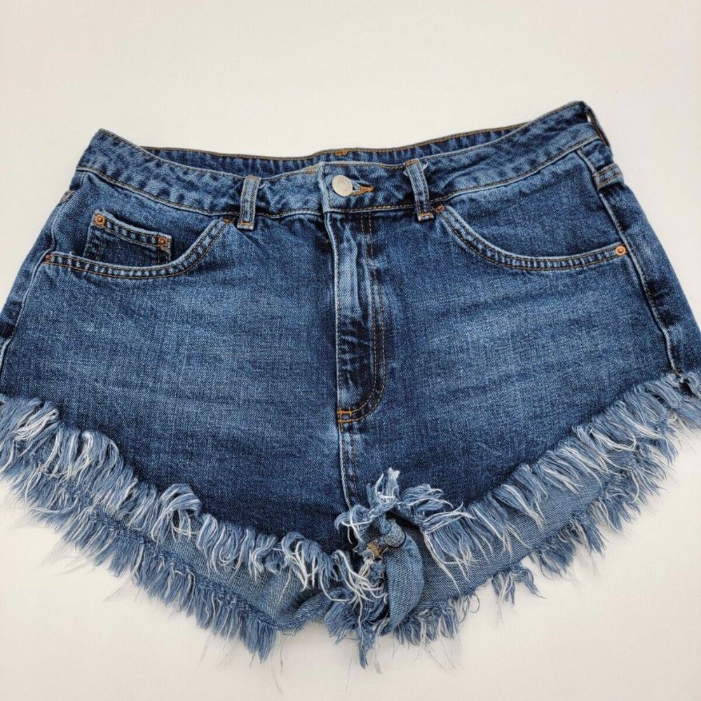 Topshop US size 10 Moto KIRI cut off frayed high waisted jean shorts
